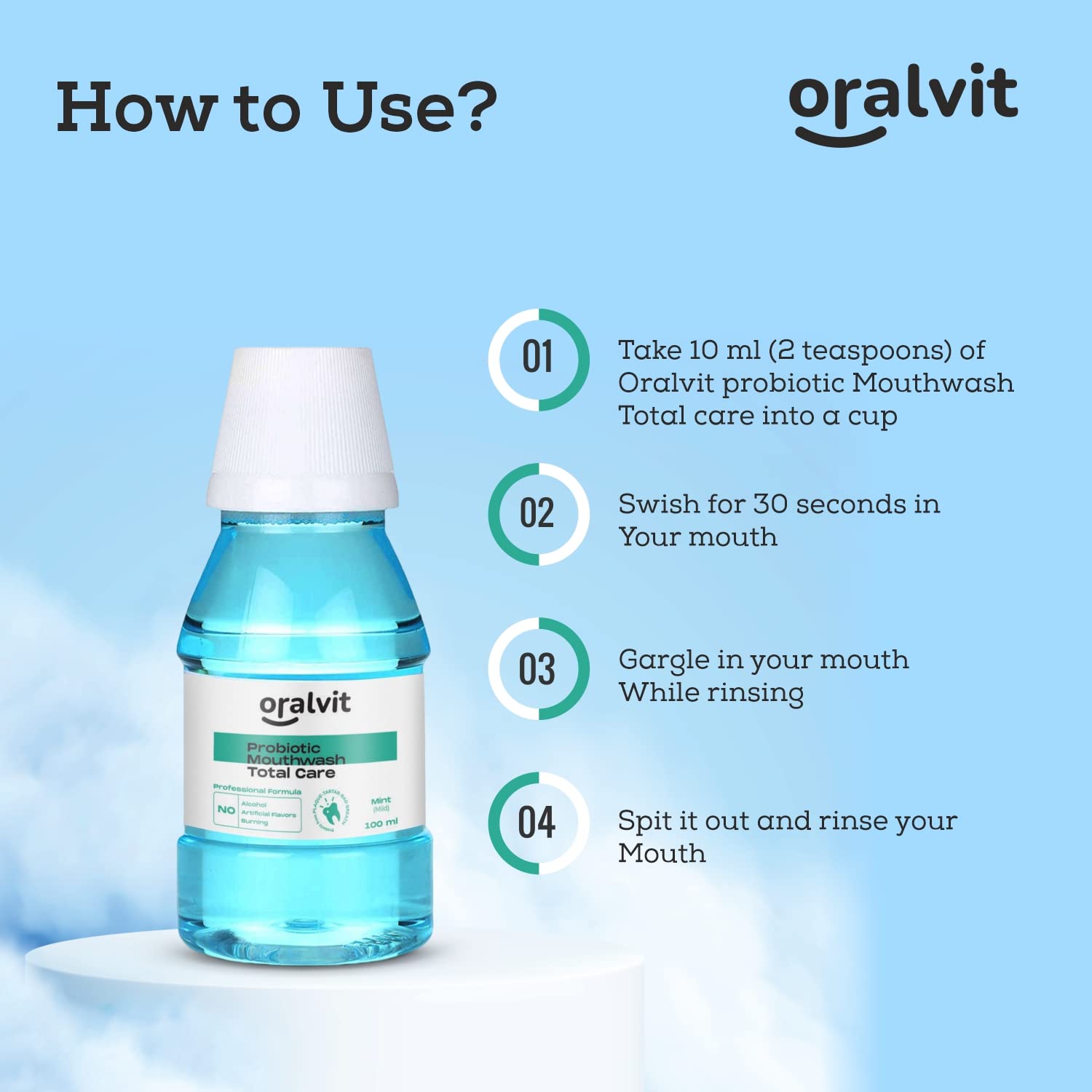 Oralvit Probiotic Total Care Mouthwash with Mild Mint | No Alcohol, No Burning Sensation, No Artificial Flavour | For Men & Women ‚Äì 100ml (Pack of 4)