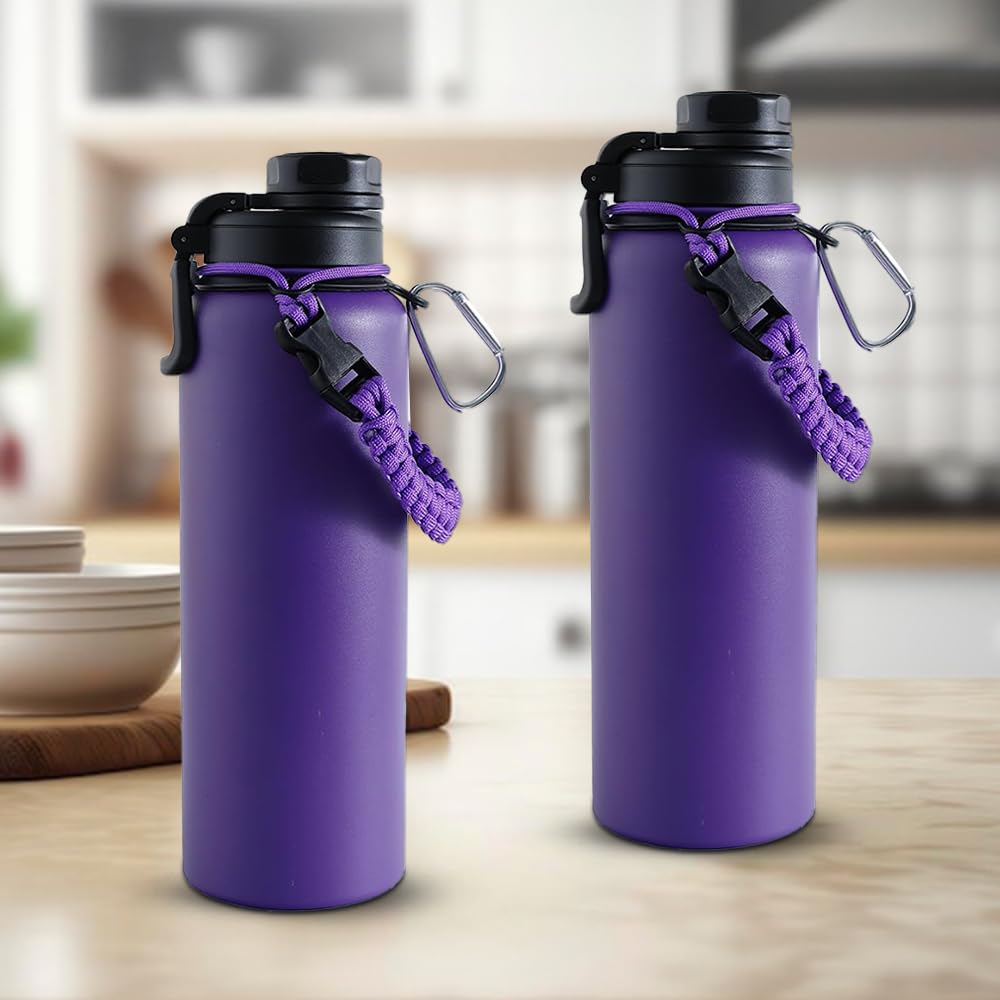 The Better Home Pack of 2 Stainless Steel Insulated Water Bottles | 1200 ml Each | Thermos Flask Attachable to Bags & Gears | 6/12 hrs hot & Cold | Water Bottle for School Office Travel | Purple