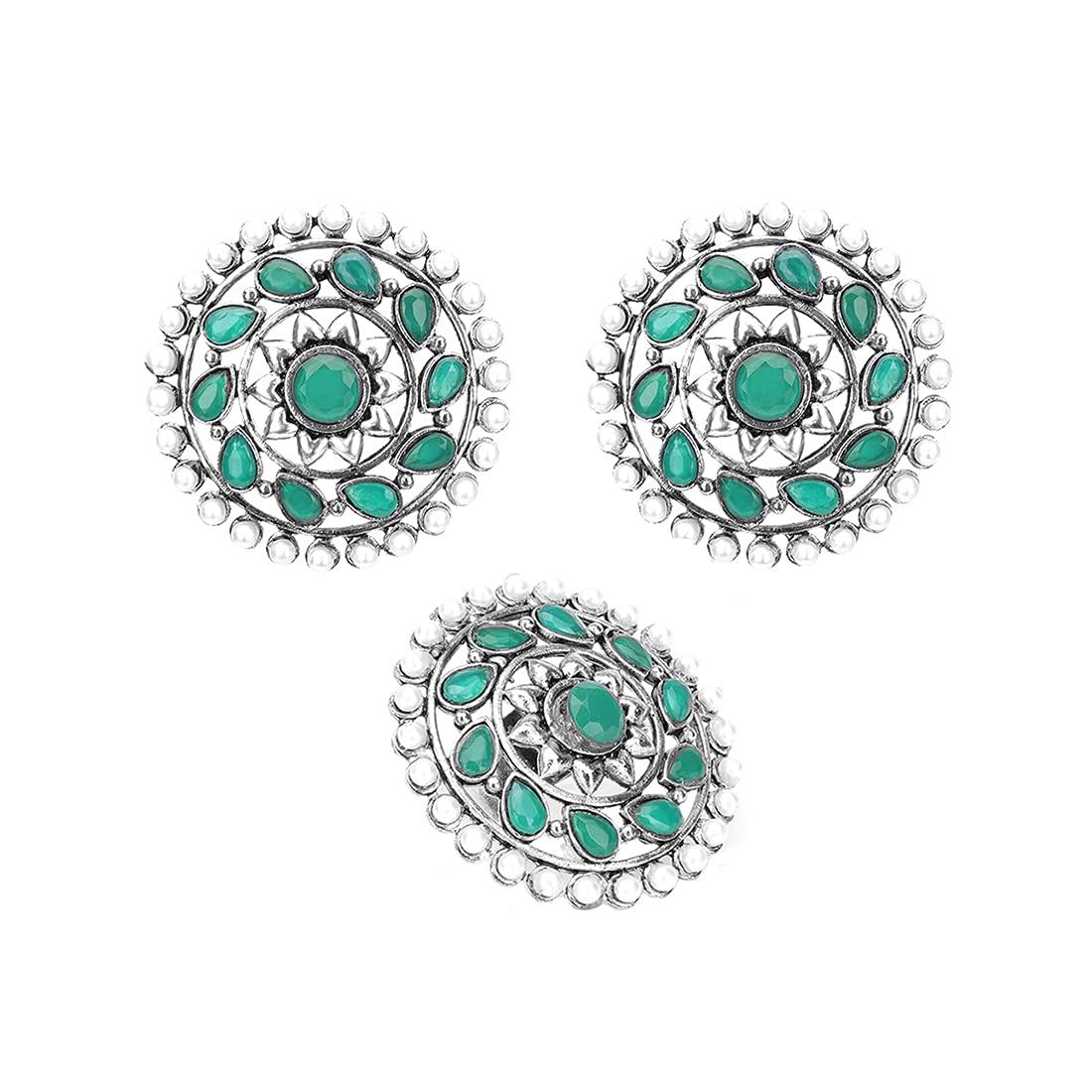 Yellow Chimes Ethnic German Silver Oxidised Green Studded stones Round Traditional Stud Earrings and Ring Set for Women And Girls, Silver, Green, Medium (Model Number: YCTJER-89STNCIRST-GR)