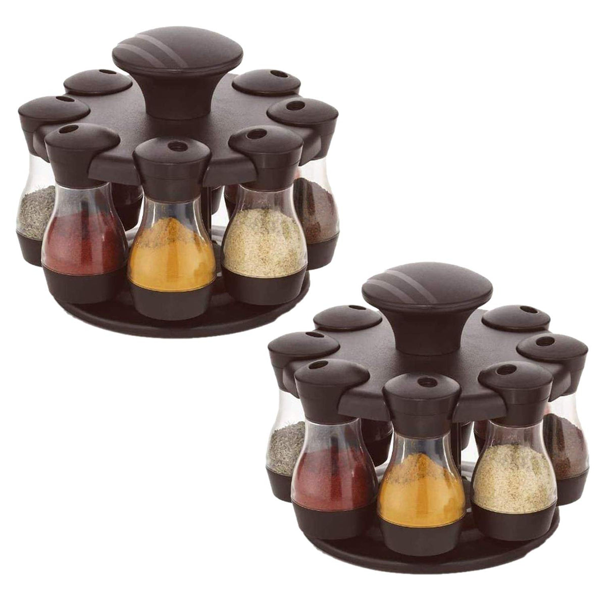 Kuber Industries 2 Pieces Multipurpose Revolving Plastic Spice Rack 8 Pieces Masala Box/Condiment Set/Masala Boxes for Kitchen (Brown) - CTKTC030861