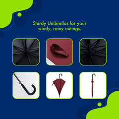 ABSORBIA Unisex Straight Umbrella Wine Red and 3X Folding Umbrella Black(Pack of 2) For Rain & Sun Protection and also windproof | Folding Portable Umbrella with Cover |Fancy and Easy to Travel