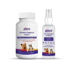 Petvit Urinary Support Tablets | for Bladder and Renal Health in Dogs and Cats - 60 Chewable Tablets & Tick Repellent Oil Spray with Coconut Oil, Tea Tree Oil for All Breed Dog & Cat –100 ml (Combo)