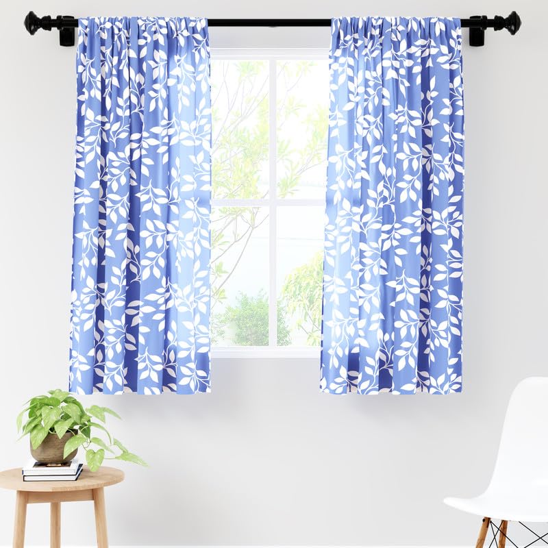 Encasa Homes Polyester Printed Window Curtain for 5 ft with Tie Back, Rod Pocket, Light-Filtering, Curtains for Kitchen, Bedroom, Living Room (140x152 cm), Reverse Leaf Blue, Set of 2