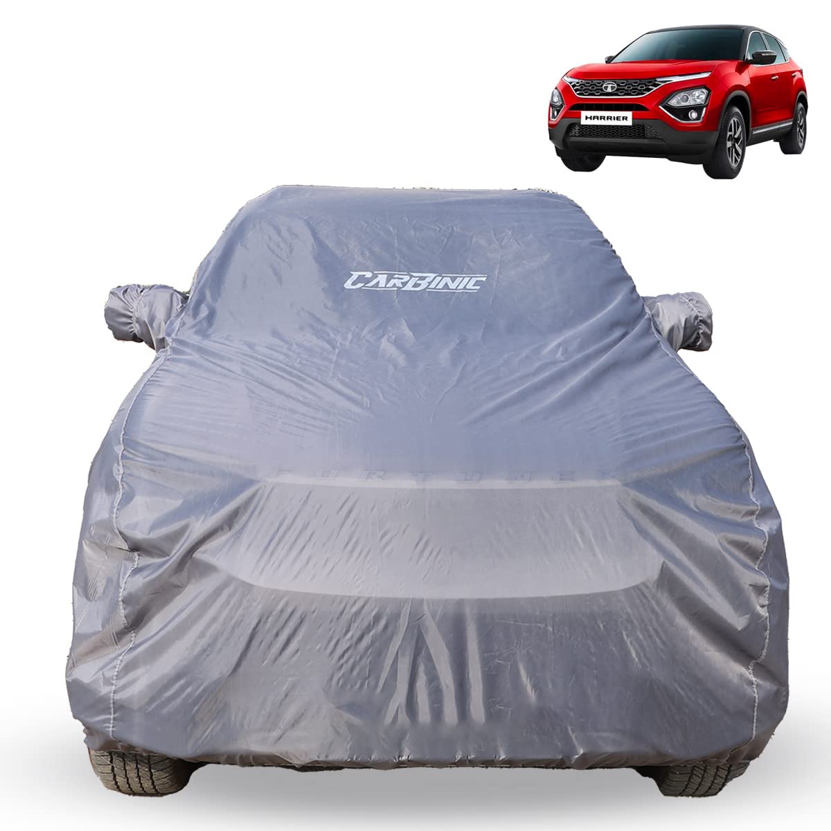 CARBINIC Car Body Cover for Tata Harrier 2019 | Water Resistant, UV Protection Car Cover | Scratchproof Body Shield | Dustproof All-Weather Cover | Mirror Pocket & Antenna | Car Accessories, Grey