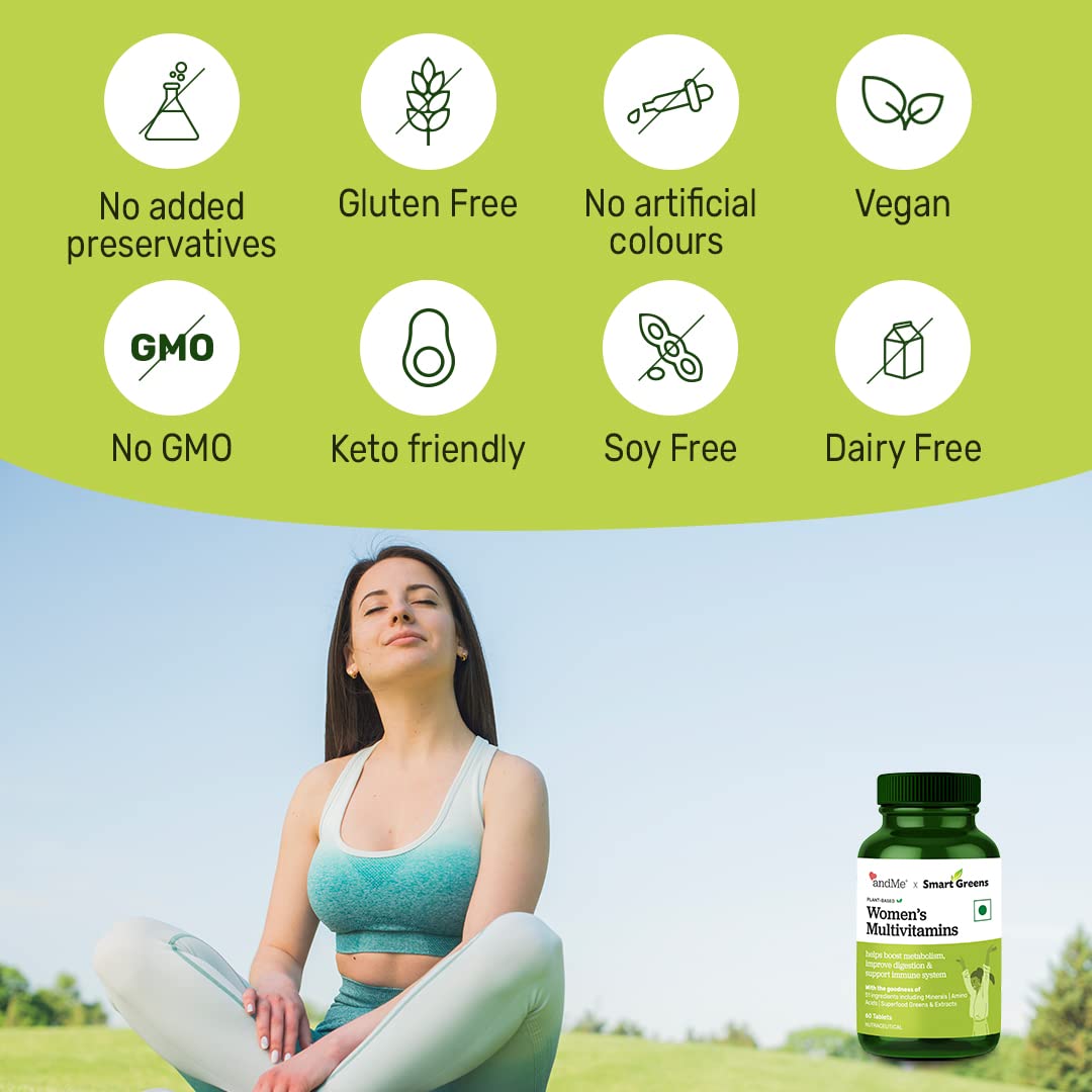 andMe Smart Greens Multivitamin Tablets | Vegan, Plant Based Multivitamin for Women | Multivitamins with Vitamin C, E & Biotin | Boosts Metabolism & Energy | For Eyes, Hair, Skin | Non-GMO | 60 N