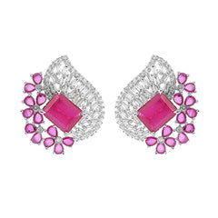 Yellow Chimes Classic AD/American Diamond Studded White Rhodium Plated Pink Flower Stud Earrings for Women and Girls, Medium
