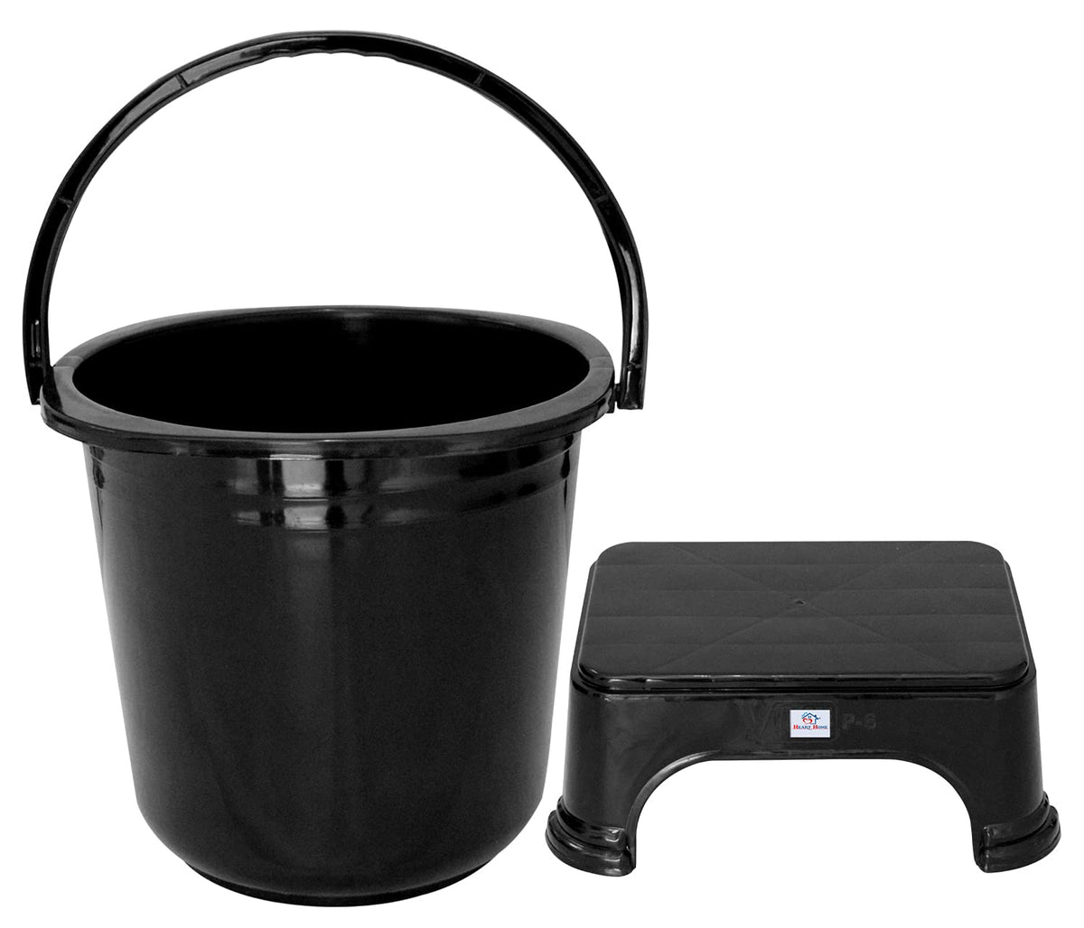 Heart Home 2 Pieces Unbreakable Virgin Plastic Multipurpose Bucket & Stool Set (Black)