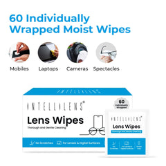 Intellilens Lens Wipes (60 wipes) and Lens Cleaner & For Spectacles (30ml) with Free Microfiber Cloth | Streak Free & Quick Drying Lens Solution & Lens Cleaner Wipes
