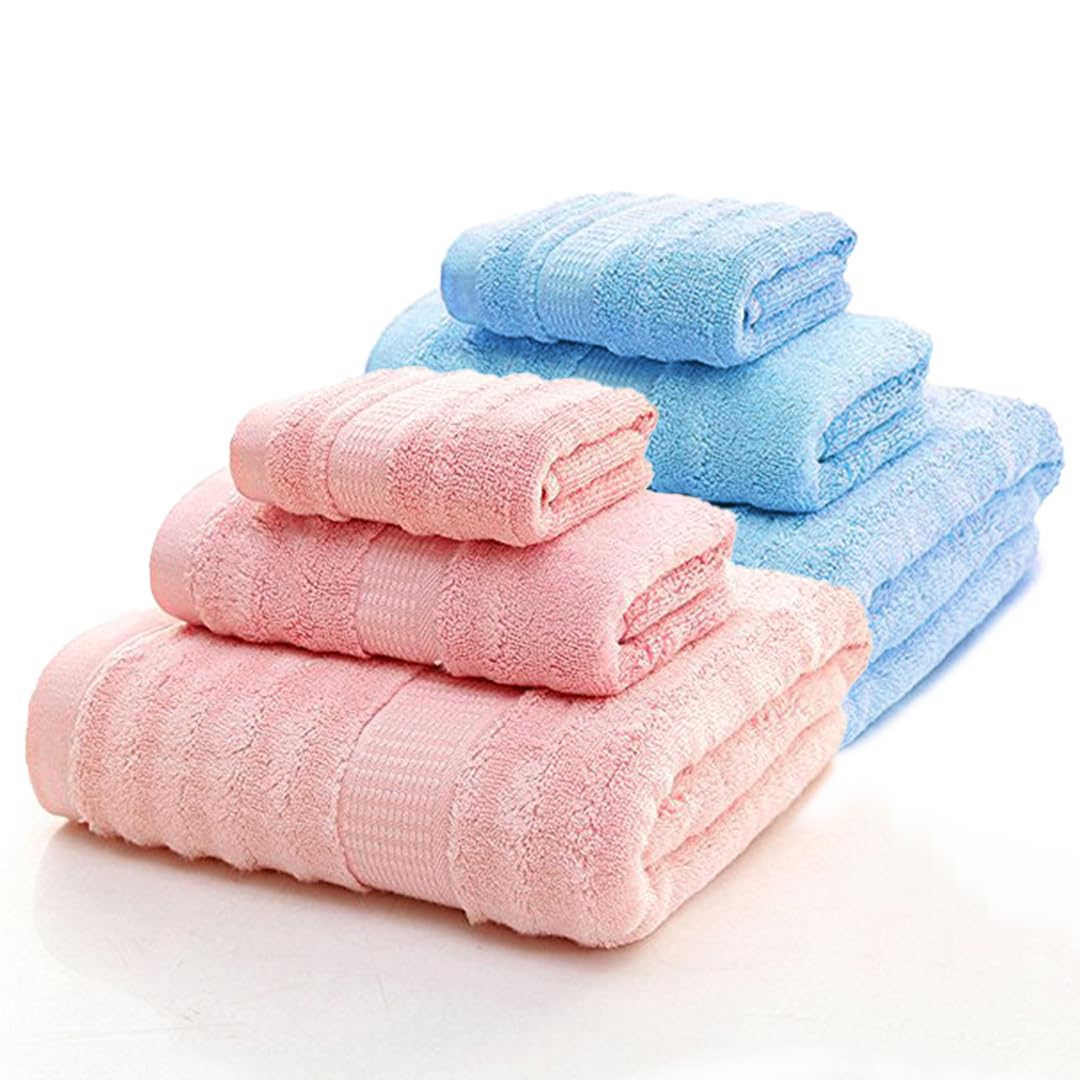 Mush Bamboo Towels Set | Ultra Soft, Absorbent and Antimicrobial 600 GSM (2 Bath Towel, 2 Hand Towel and 2 Face Towel) Perfect for Daily Use and Gifting (Sky & Pink)