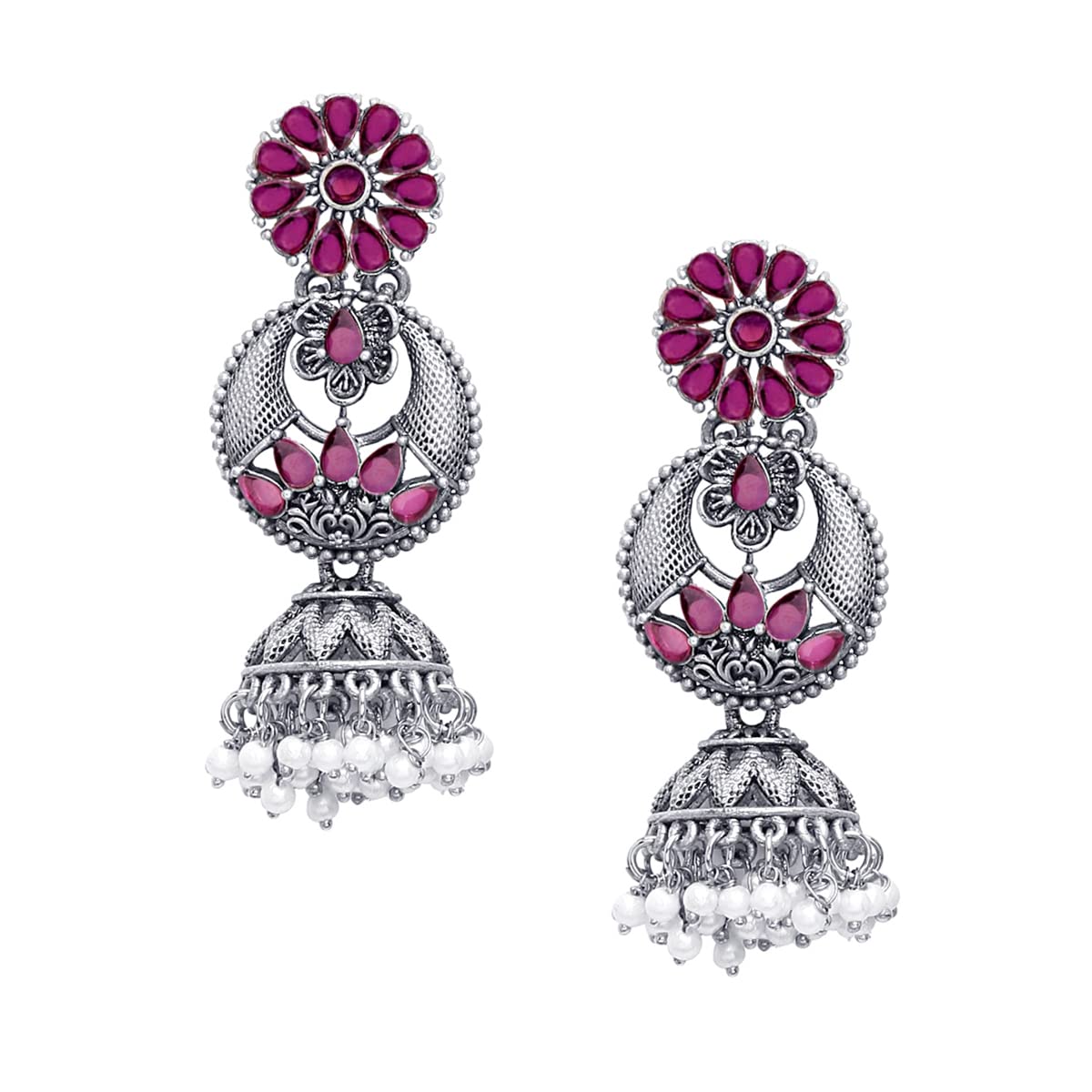 Yellow Chimes Earrings for Women Silver Oxidised Green Crystal Studded White Beads Drop Designed Jhumka Jhumki Earrings for Women and Girls