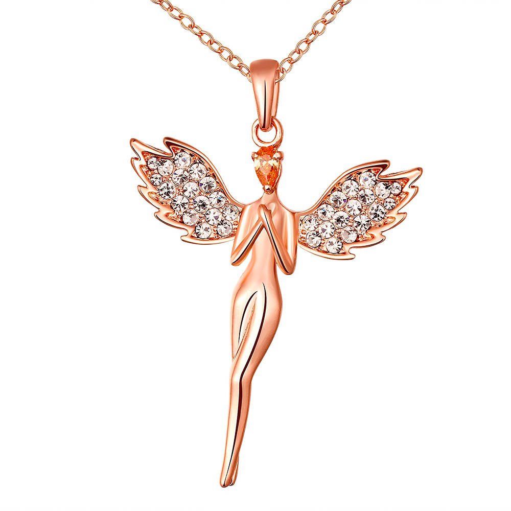 an Angel Pure Soul with Wings Pendant (Austrian Crystal Hallmarked 18K Rose Gold Plated) for Girls and Women by YELLOW CHIMES