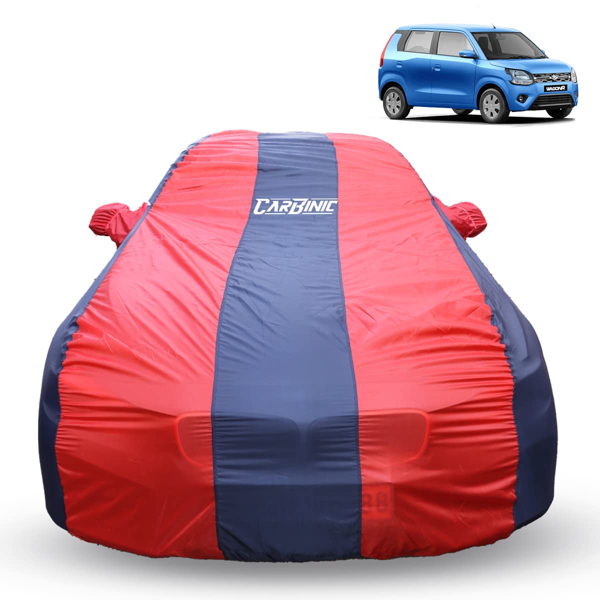 CARBINIC Car Cover for Maruti Wagon R 2019 Water Resistant (Tested) and Dustproof Custom Fit UV Heat Resistant Outdoor Protection with Triple Stitched Fully Elastic Surface (Blue & Red)