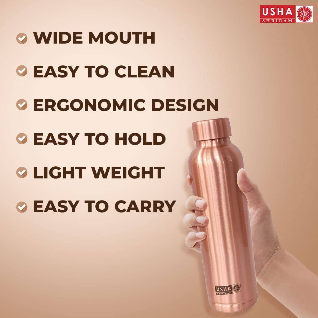 USHA SHRIRAM Pure Copper Water Bottle 1 Litre | Eco-Friendly, Biodegradable & Non-Toxic | Water Bottle for Kids & Adults | Lightweight, Leak-Proof, Durable & Rust-Free Tamba Bottle