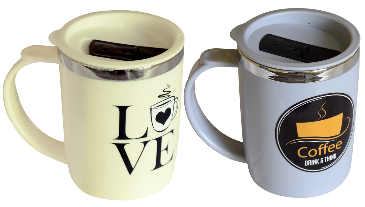 Kuber Industries Insulated BPA Free Plastic Coffee Mug with Lid, Pack of 2 (Grey & Cream)