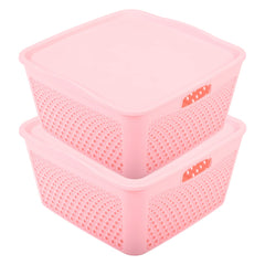 Kuber Industries Netted Design Unbreakable Multipurpose Square Shape Plastic Storage Baskets with lid Medium Pack of 2 (Pink)