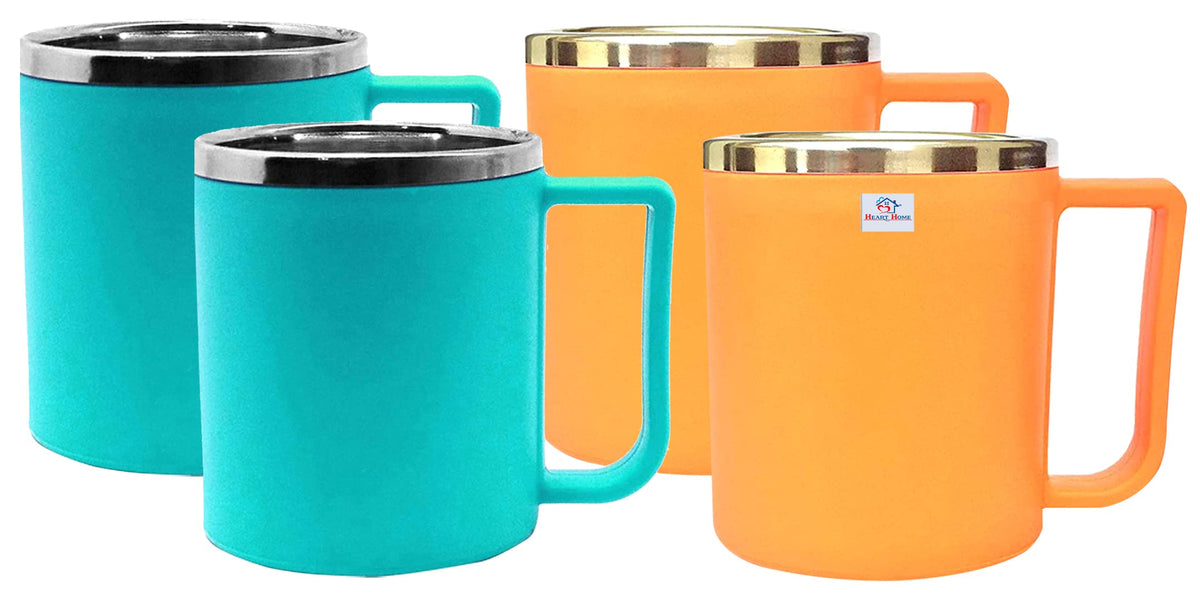 Heart Home Medium Size Plastic Steel Cups for Coffee Tea Cocoa, Camping Mugs with Handle, Portable & Easy Clean, Set of 4 (Green & Orange)