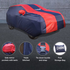 CarBinic Car Cover for Tata Tiago 2021 Water Resistant (Tested)& Dustproof Custom Fit UV Heat Resistant Outdoor Protection with Triple Stitched Fully Elastic Surface | Blue & Red with Pockets
