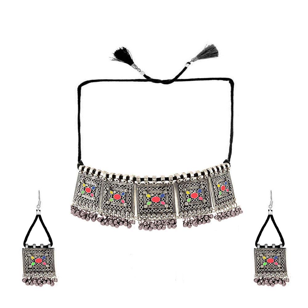 Yellow Chimes Choker Necklace Set for Women Silver Oxidised Afghani Style Ghungroo Threads Choker Necklace Set for Women and Girls.