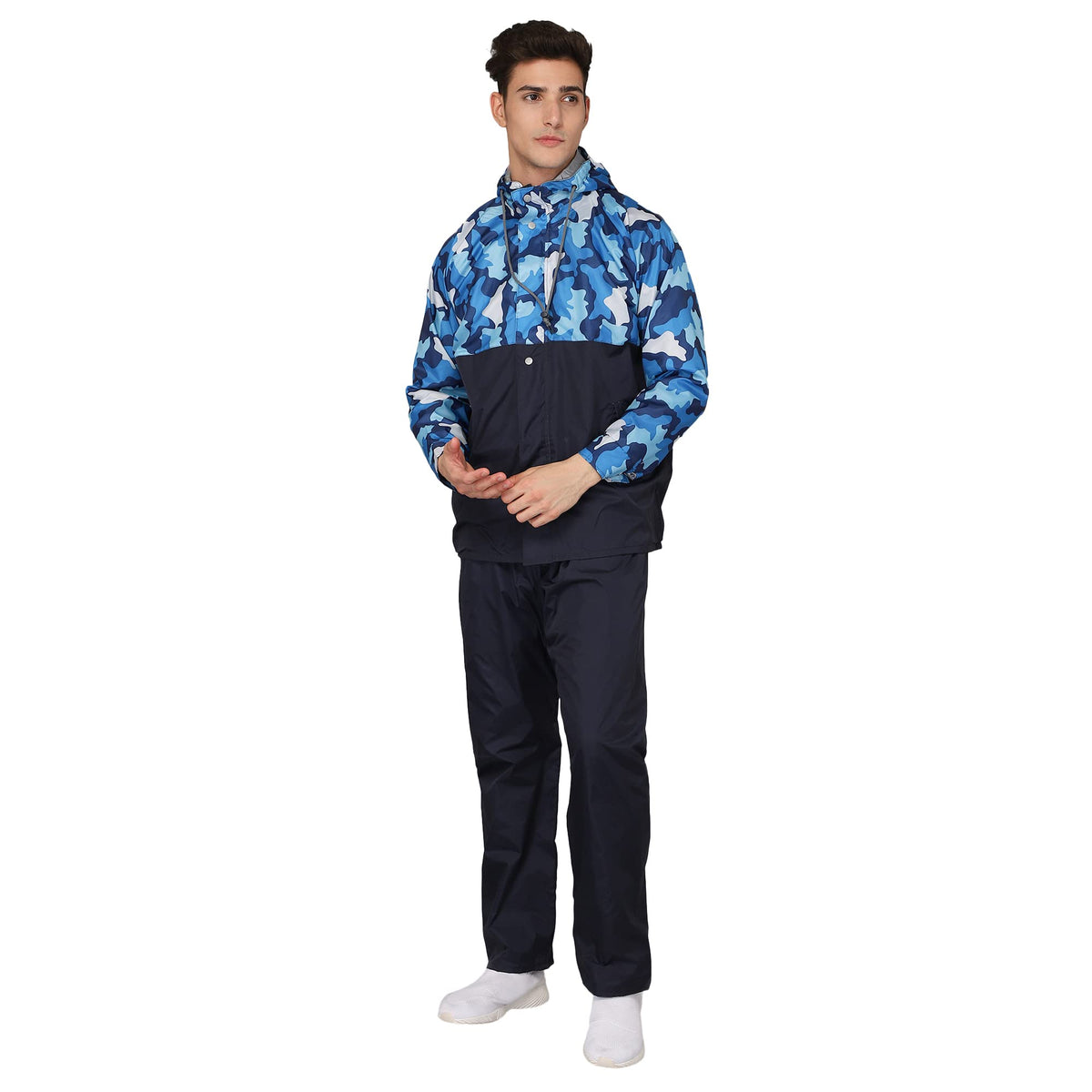THE CLOWNFISH Napoleon Series Men's Waterproof Nylon Double Coating Reversible Raincoat with Hood and Reflector Logo at Back. Set of Top and Bottom. Printed Plastic Pouch with Rope (Blue, X-Large)