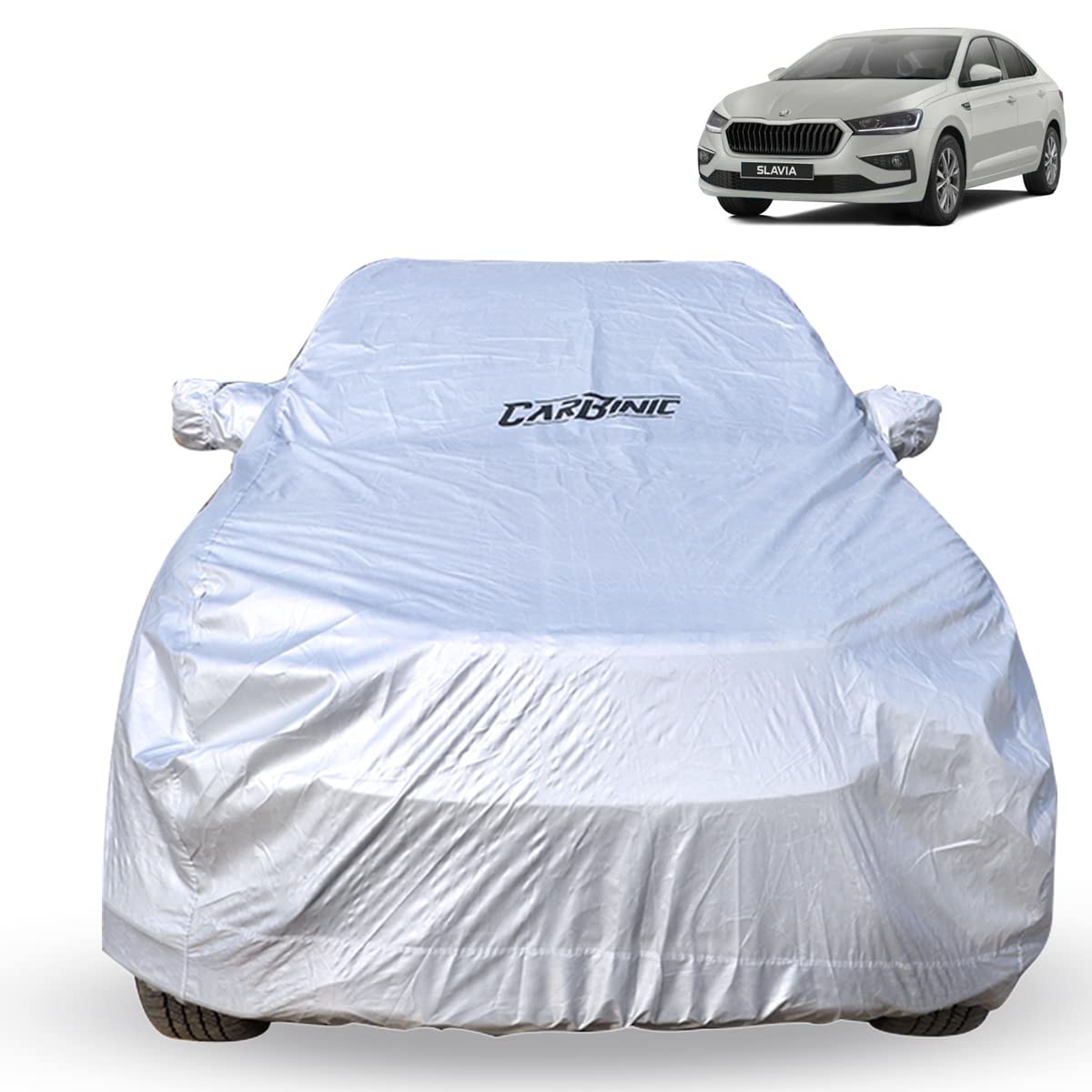 CARBINIC Car Body Cover for Skoda Slavia 2022 | Water Resistant, UV Protection Car Cover | Scratchproof Body Shield | Dustproof All-Weather Cover | Mirror Pocket & Antenna | Car Accessories, Silver