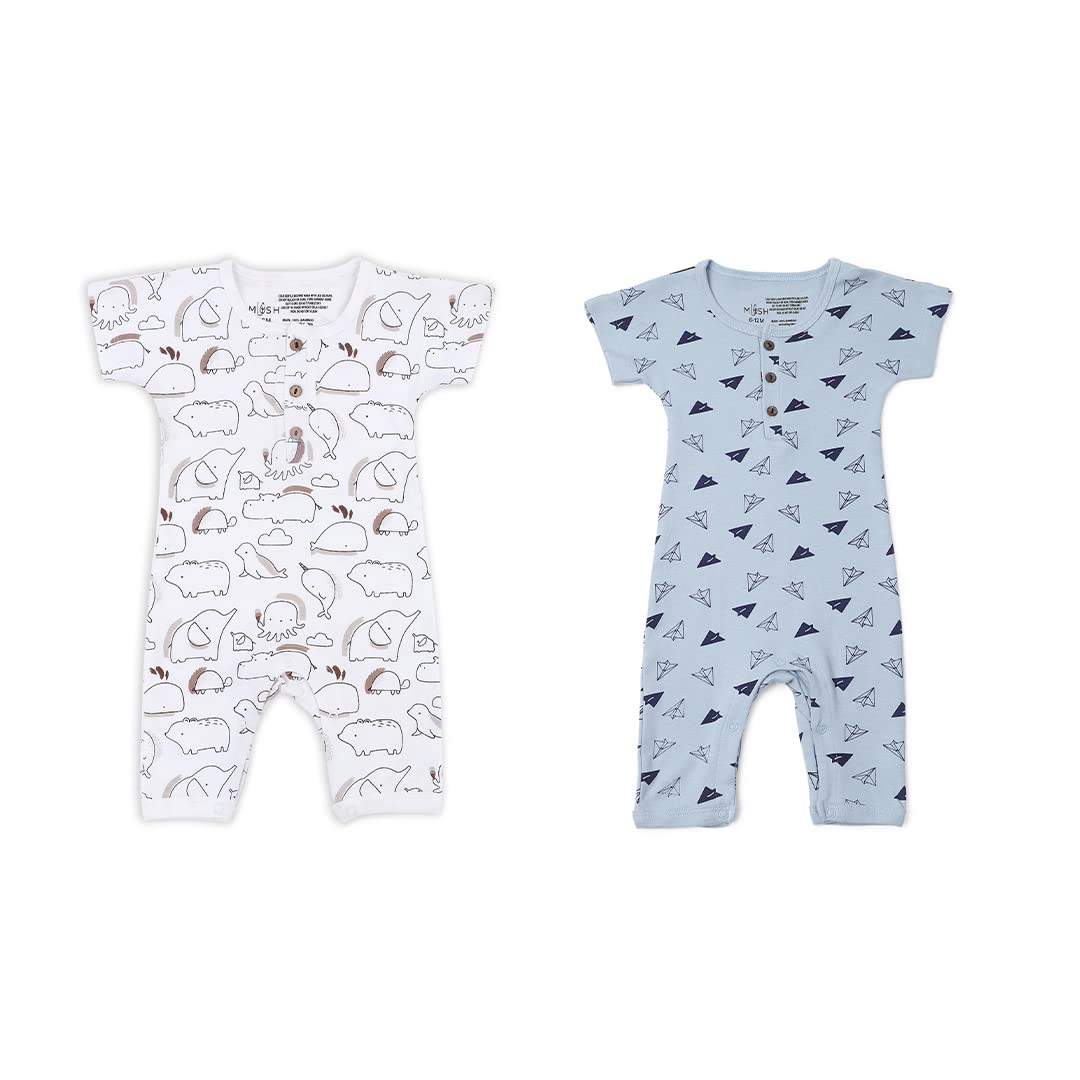 Mush Ultra Soft Bamboo Unisex Short Sleeve Romper Combo Set for New Born Baby/Kids Pack of 2 (6-12 Months, Aeroplane & Marine Life)