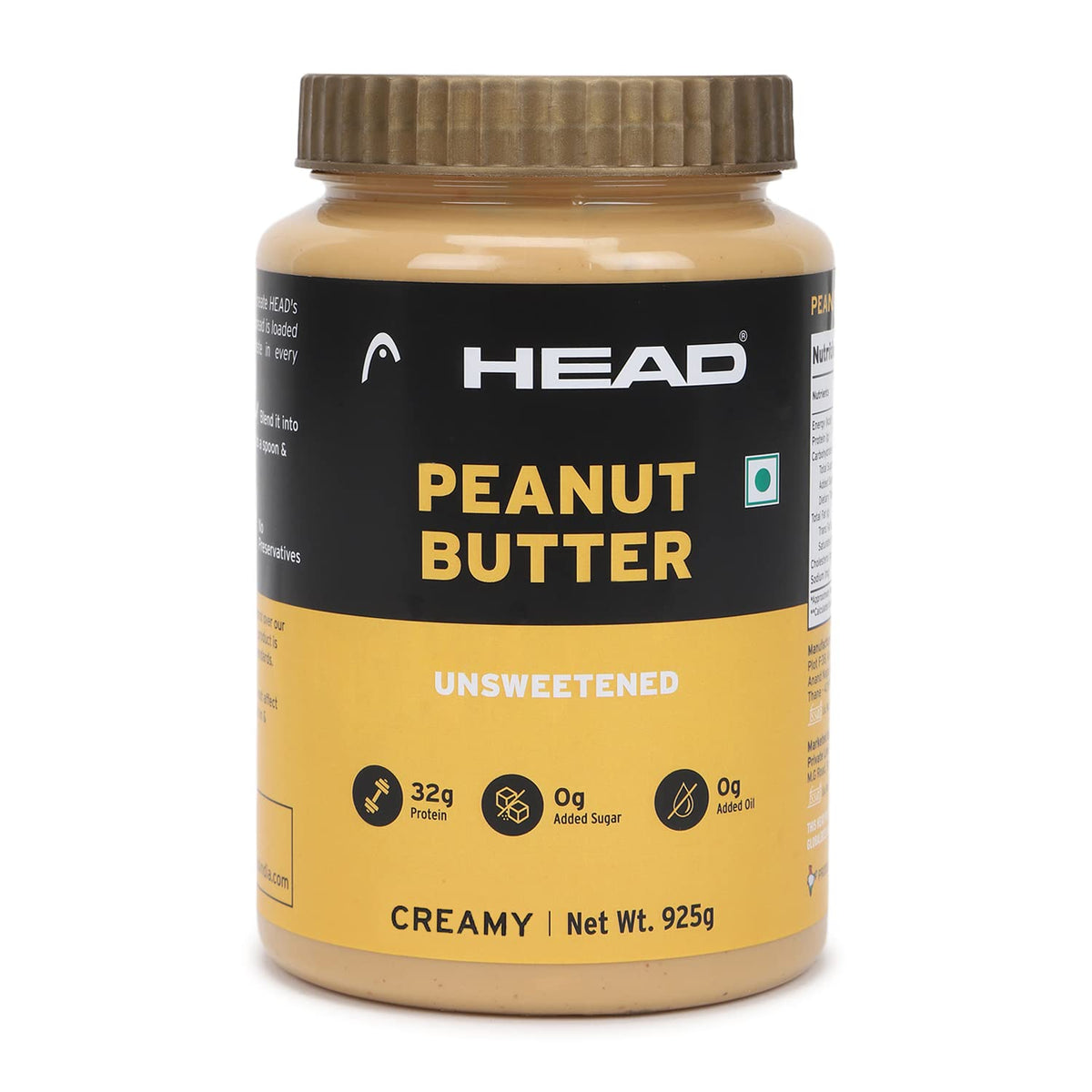 Head High Protein Peanut Butter (925g, Unsweetened, Creamy) | 100% Pure Nuts | Protein Rich Nutritious Snack