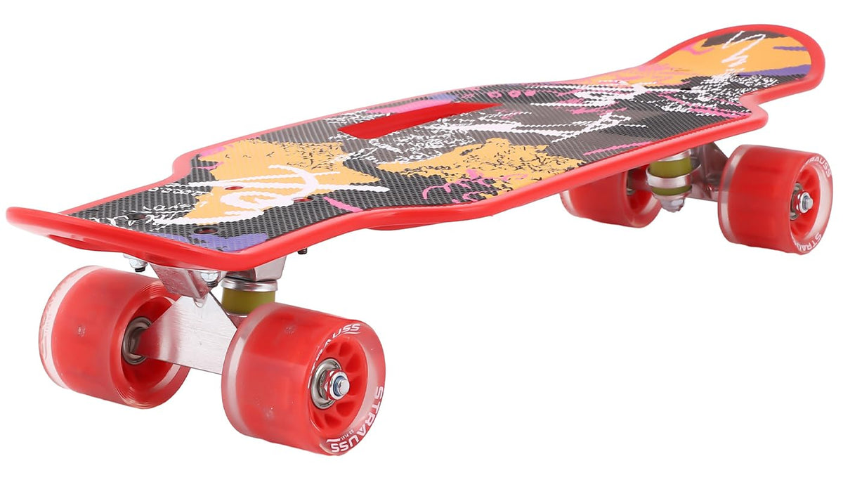 STRAUSS Cruiser Skateboard| Penny Skateboard | Casterboard | Hoverboard | Anti-Skid Board with High Precision Bearings | Wheels with Light |Ideal for All Above 8 Years (31 X 8 Inch), (Scribble Red)