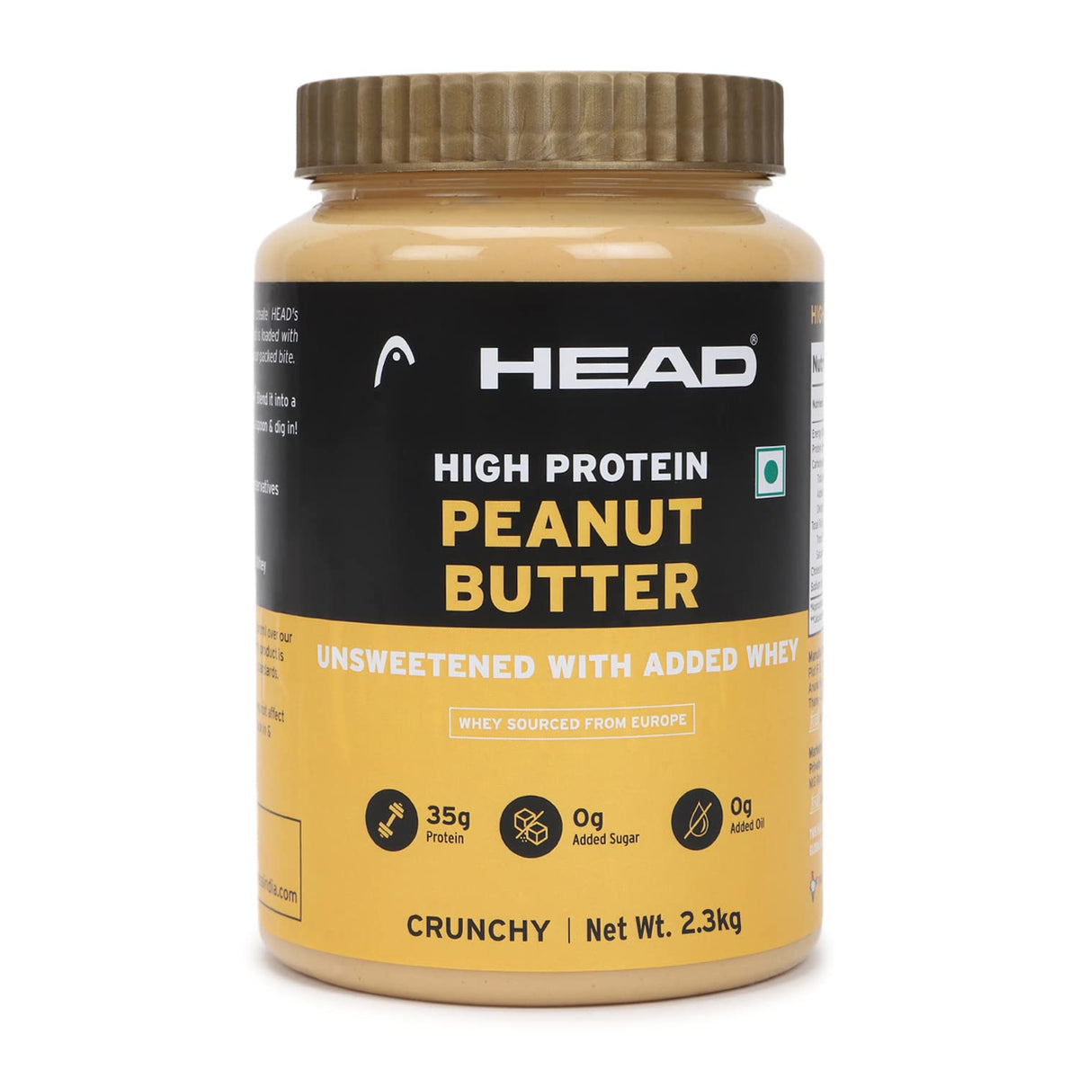Head High Protein Peanut Butter (Unsweetened, Crunchy, 2.3Kg) | 100% Pure Nuts | Added Whey | Protein Rich Nutritious Snack