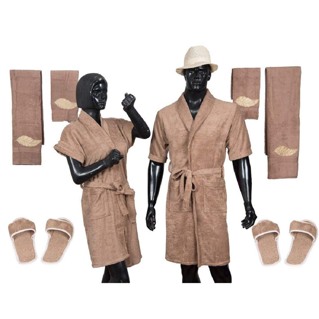 Heart Home Leaf Design Cotton 8 Pieces Half Sleeve Bathrobe Set for Men and Women (Brown)- CTHH06285