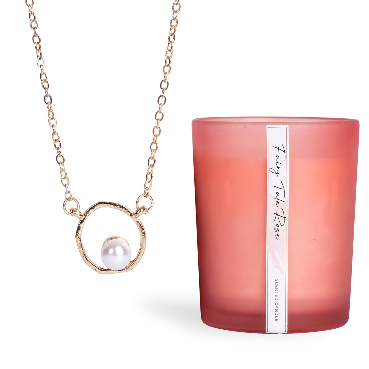 Gleevers Gift Set for Women|Gift Box pack of 2 with Candle(Fairy Tale Rose,250 gm) & Pearl Pendant Necklace|Birthday Gift,Anniversary Gift,Valentine Gift,Secret Santa Gifts