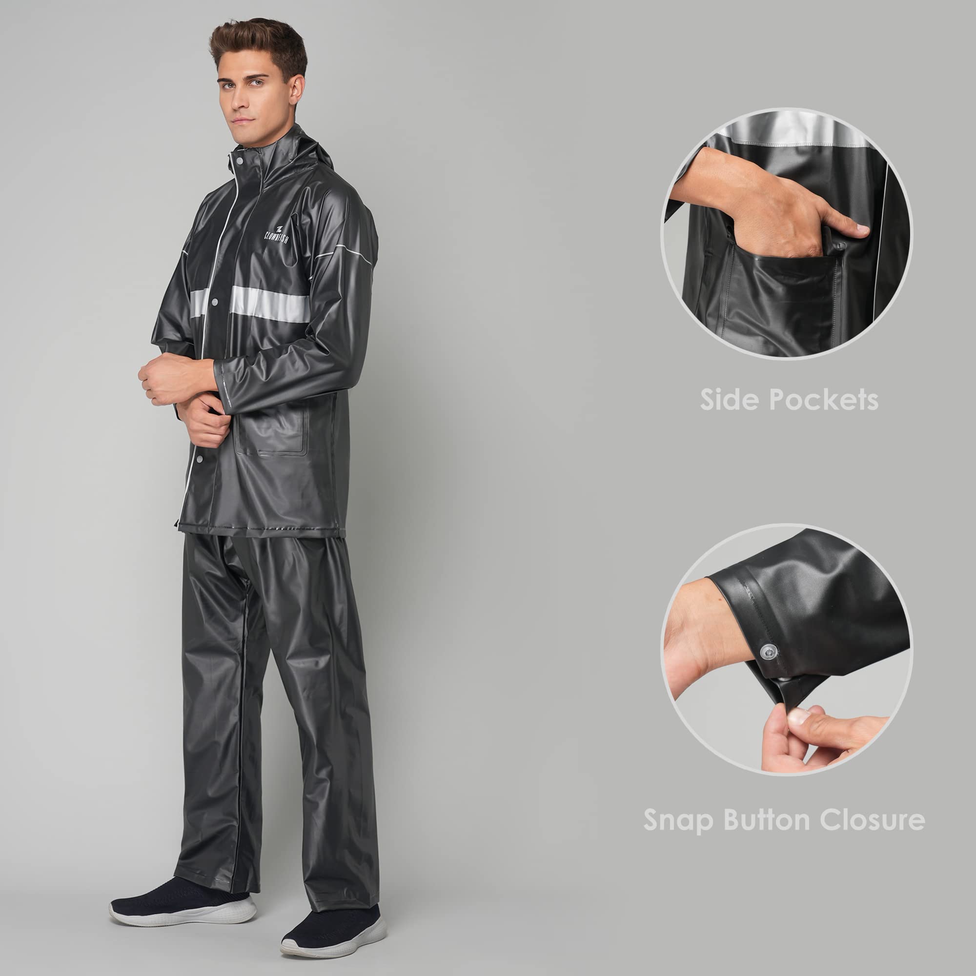THE CLOWNFISH Rain Coat for Men Waterproof for Bike Raincoat for Men with Hood PVC Material. Set of Top and Bottom. Azure Pro Series (Black, X-Large)
