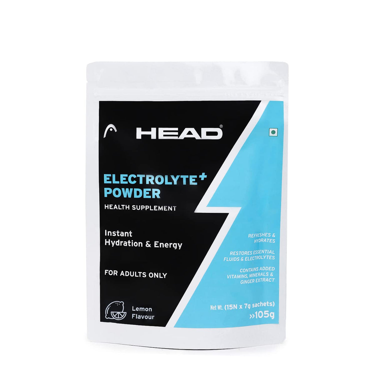 HEAD Electrolyte - 105g Rehydration Powder | 5 Vital Ingredients | Lemon Flavor | Quick Hydration & Energy Booster | Instant Hydration