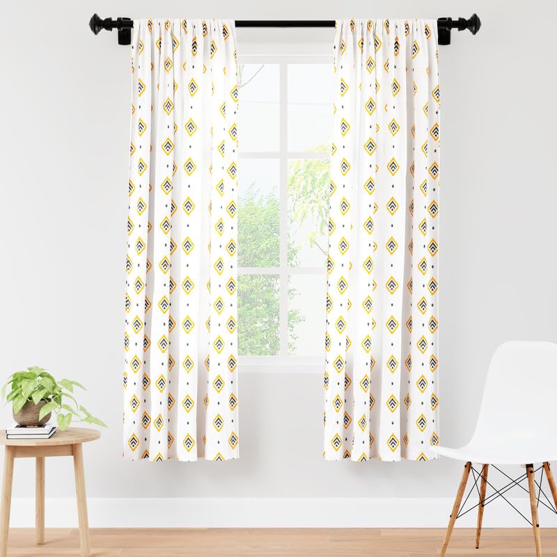 Encasa Homes Polyester Printed Window Curtain for 6 ft with Tie Back, Rod Pocket, Light-Filtering, Curtains for Kitchen, Bedroom, Living Room (140x183 cm), Diamond Yellow, Set of 2