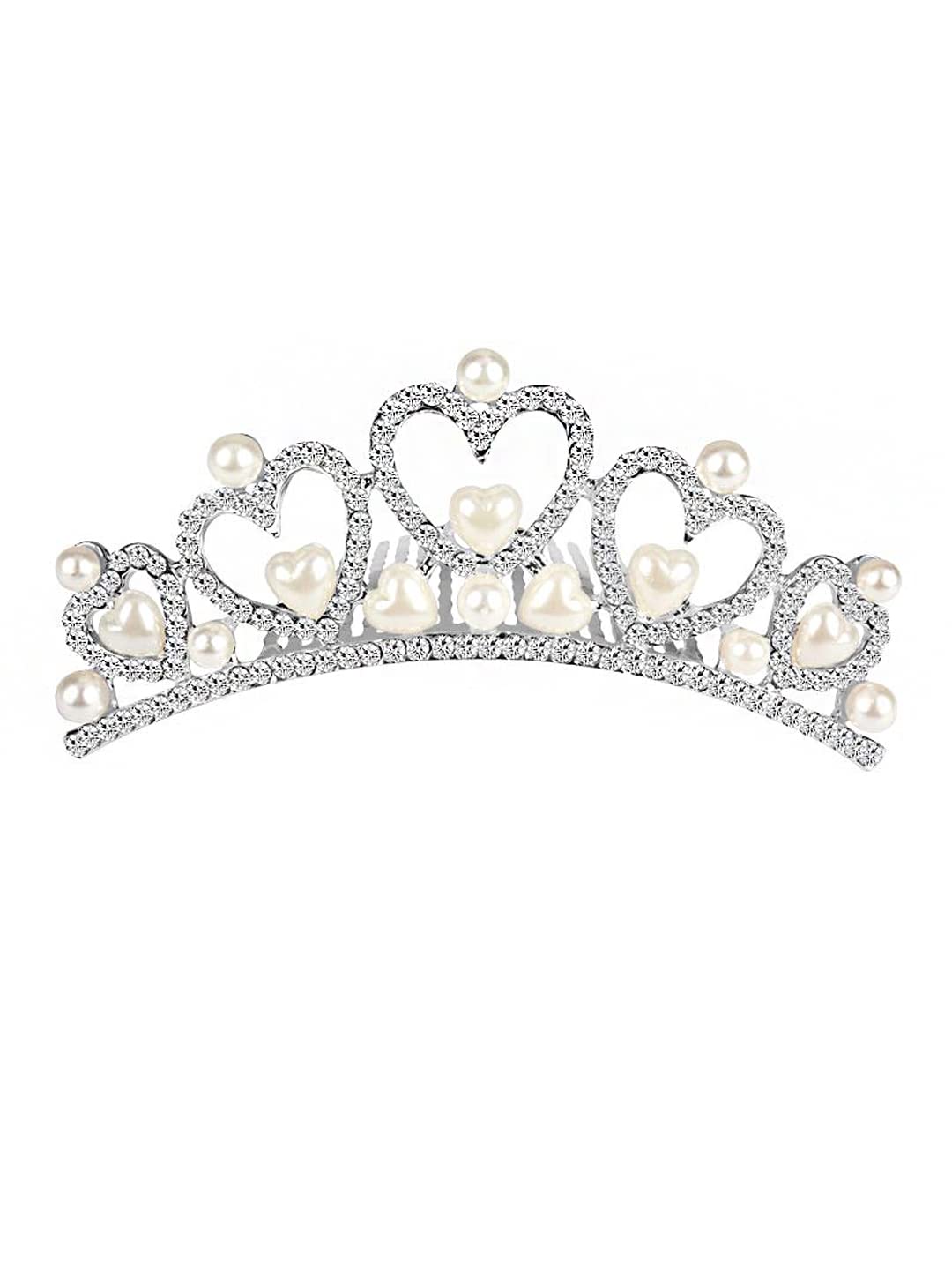 Melbees by Yellow Chimes Head Band For Women Silver Non Precious Metal Pearls in a Heart Princess Tiara Hair Comb for Women and Girls
