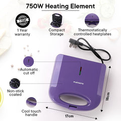 The Better Home FUMATO 750 W 2 Slice Toast Sandwich Maker | Non-stick Aluminium Plates, Cool Touch Technology, Power Indicator, Upright Compact Storage, Buckle Clip Lock | 1 Year Warranty- Purple