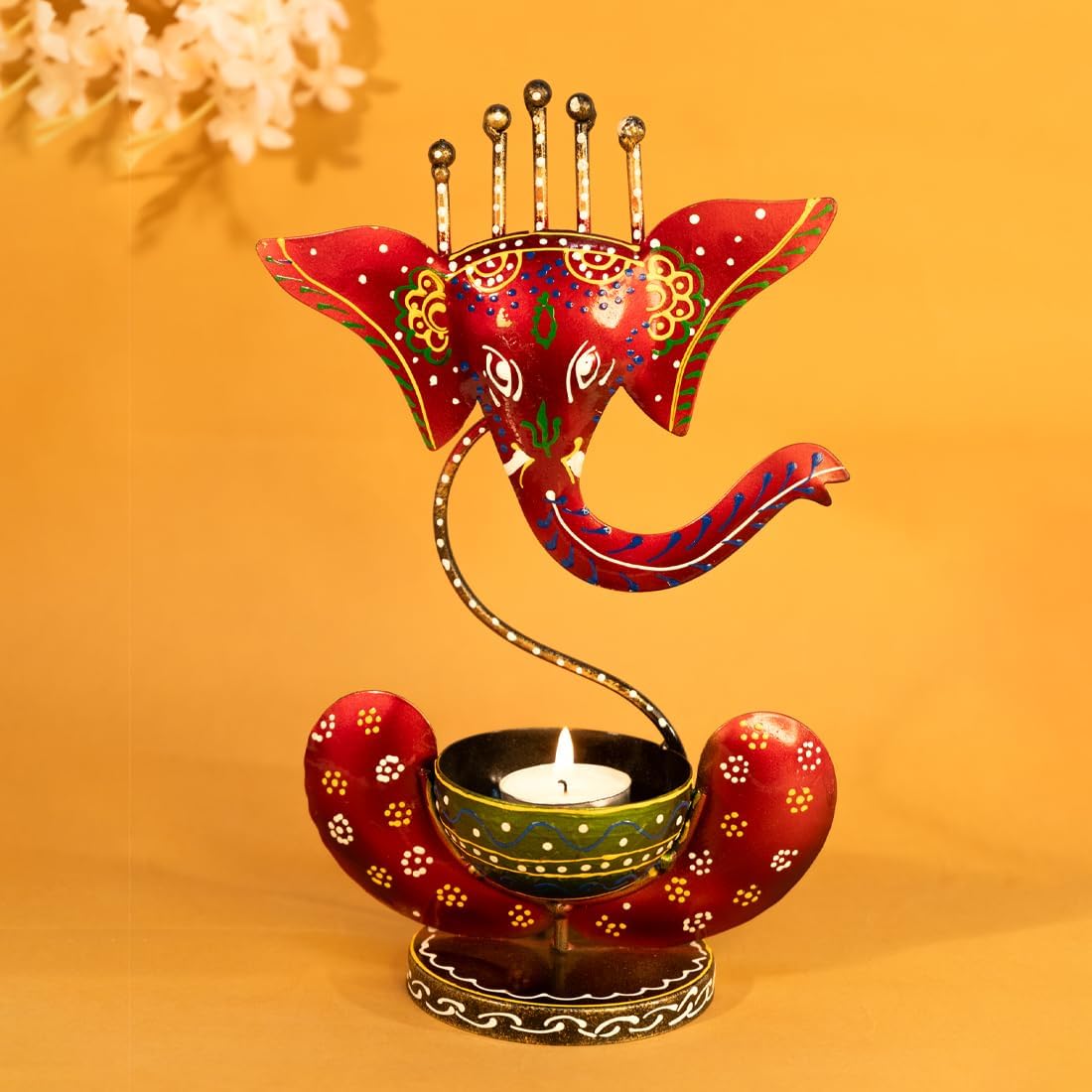 Gleevers Ekhasa Handpainted Ganesha Metal Tealight Candle Holder for Home Decor | Perfect Candle Stand for Diwali Decoration and Table Decor | Festival & Parties Decorative Candles Gift Items