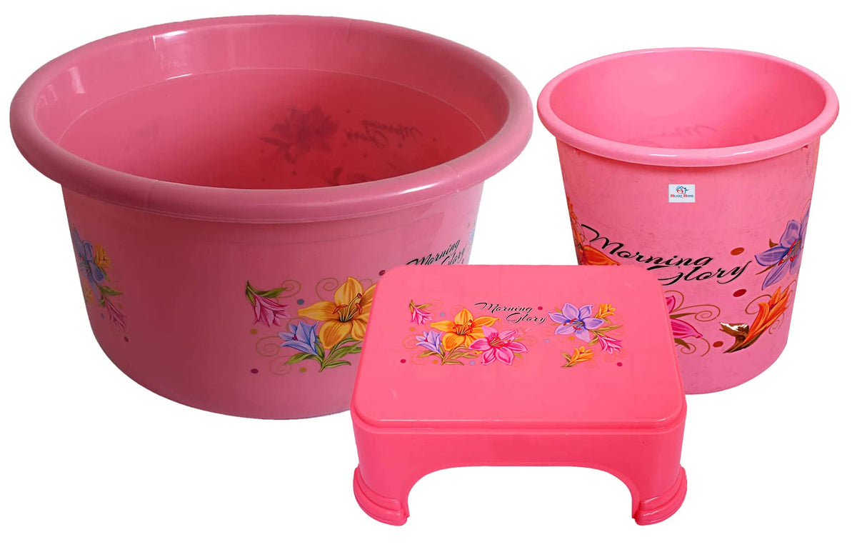 Heart Home Printed 3 Pieces Unbreakable Virgin Plastic Multipurpose Tub, Dustbin & Stool Set (Pink)