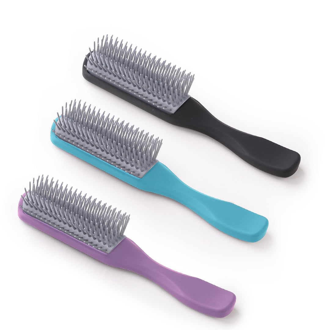 UMAI Flat Hair Brush with Strong & Flexible Bristles | 9-Row Curl Defining Brush for Thick Curly & Wavy Hair | Large Fan-type Head | Hair Styling Brush for Women & Men (Blue-Black-Purple, Pack of 3)