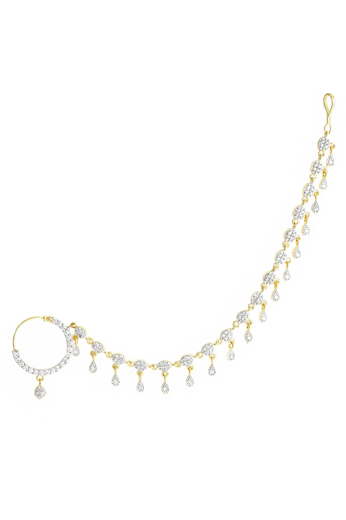 Yellow Chimes Nose Rings for Women Gold-Plated White Traditional American Diamond Nose Pin with Chained Nose Ring for Women and Girls