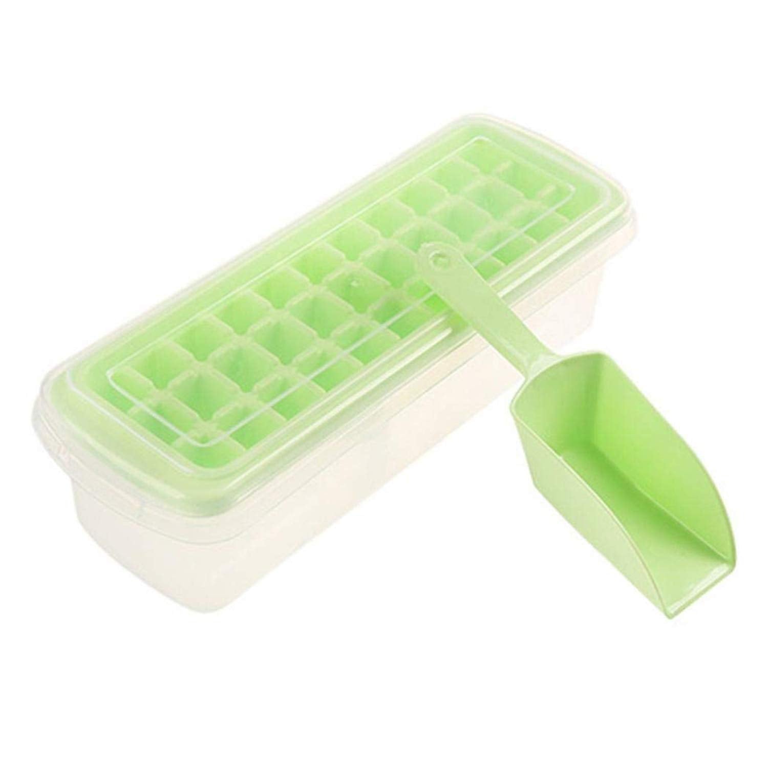 Kuber Industries Plastic Ice Tray with Storage Box, Spoon and Transparent Cover Lid, Random Colors (32 Cubes), Pack of 1-KUBMART2946