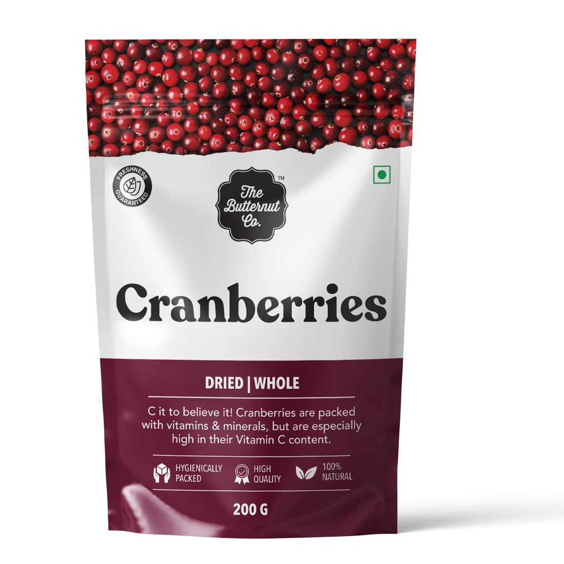 The Butternut Co. Dried Whole Cranberries 200g | 100% Natural | High Fiber | Gluten Free | Superfood| Exotic Berries