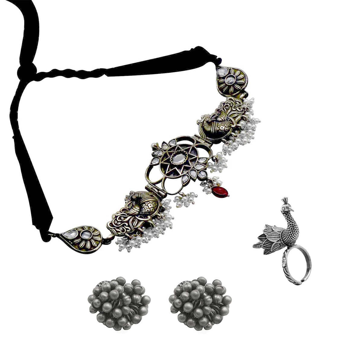 TEEJH Krisha Metallic Silver Oxidised Jewelry Gift Set