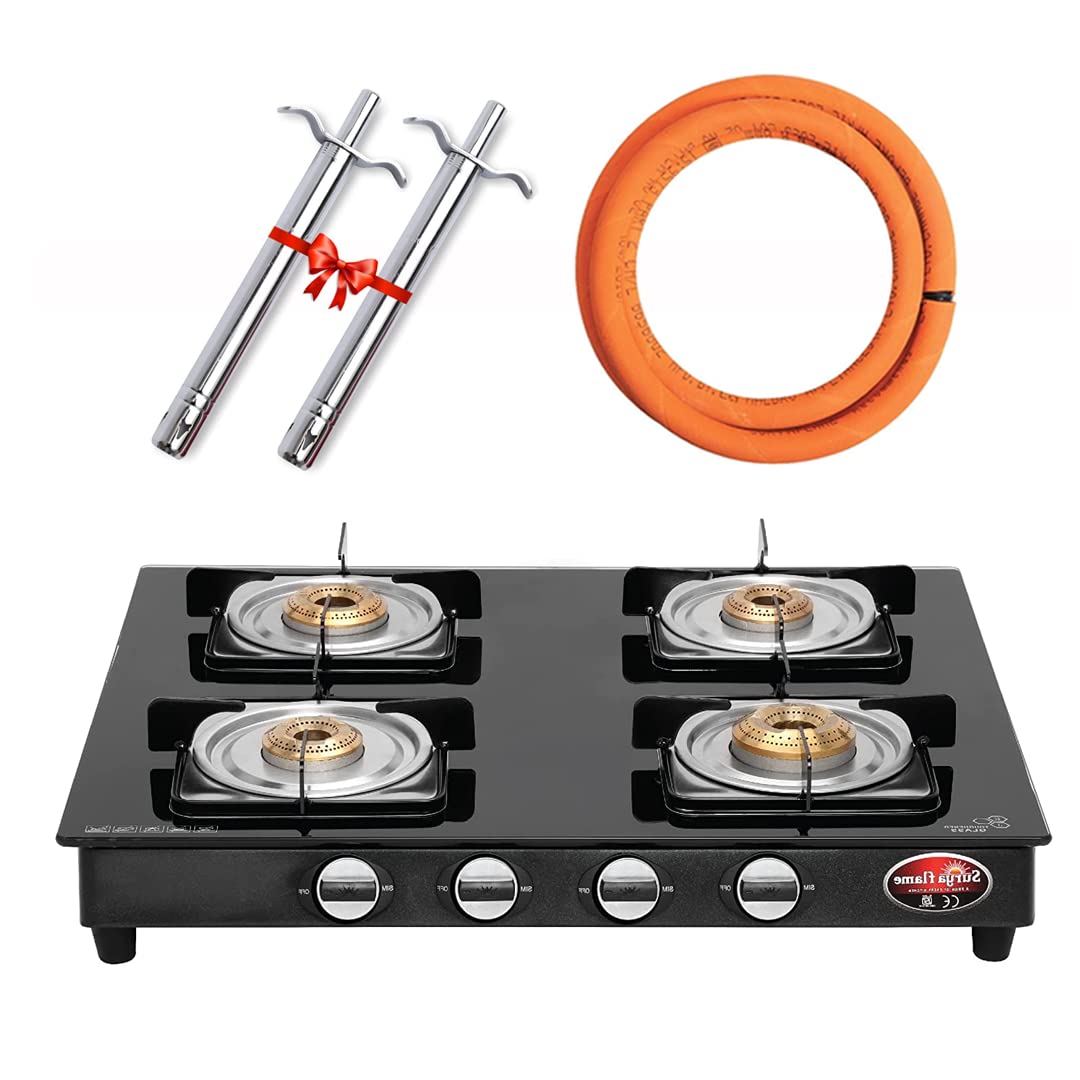 Surya Flame Nexa LPG Gas Stove 4 Burners Glass Top | LPG Gas Dual Layer Rubber Hose Pipe 1.5M | Chrome Stainless Steel Gas Lighter (Pack of 2)