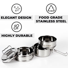Urbane Home Clipper Stainless Steel Tiffin Box | Lunch Box with Locking Clip I Silver | Set of 3 Box | Everyday use Home Office Steel Lunch Box (3 Container, 1000ml)