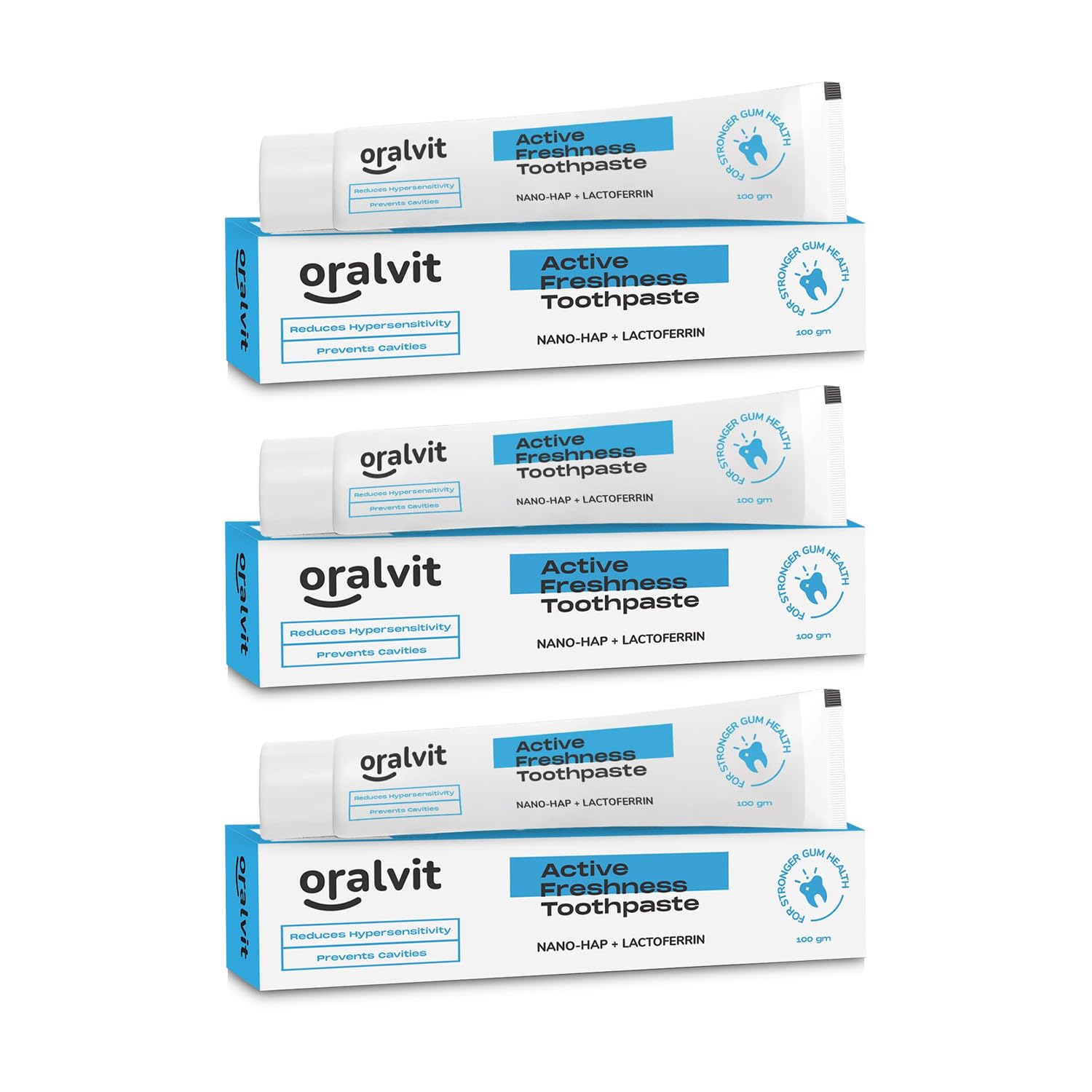 Oralvit Active Freshness Toothpaste with Nano-HAP & Lactoferrin | Daily Germ Protection| Cavity Repair | Daily Germ Protection | Eliminates Bad Breath- 100gm (Pack of 3)