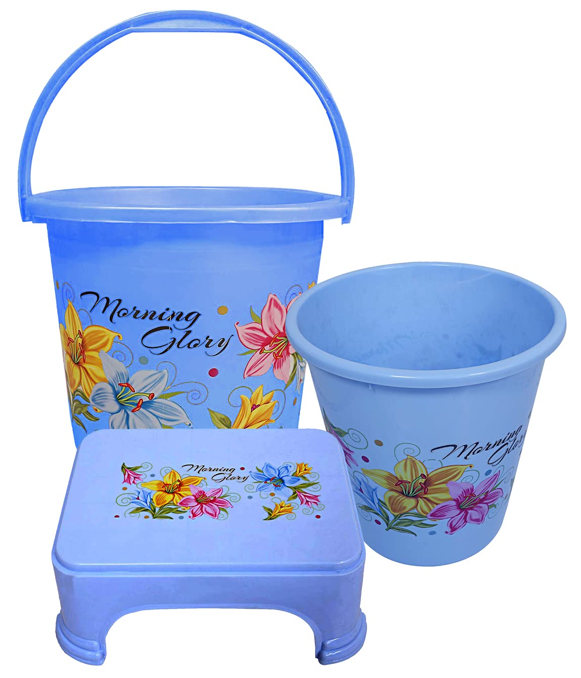 Kuber Industries Printed 3 Pieces Plastic Bucket, Dustbin & Stool Set (Blue)