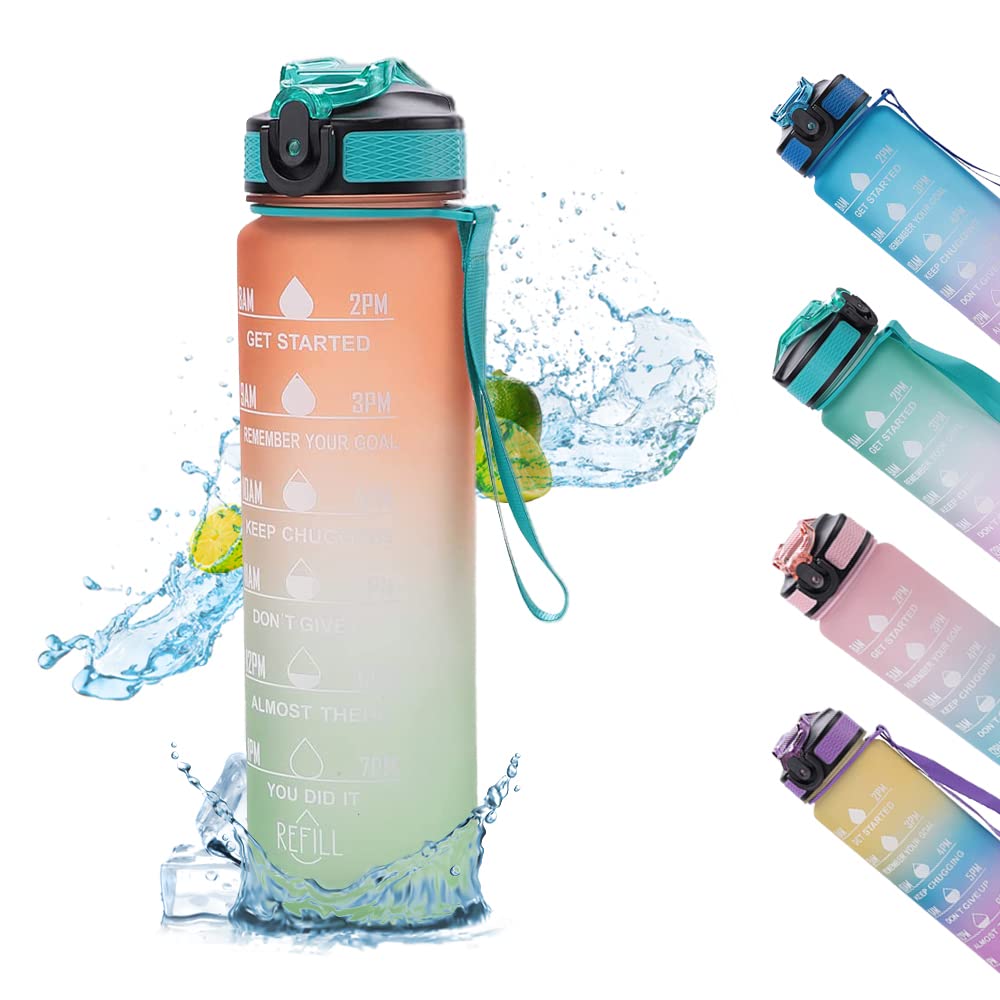 Homestic Motivational Water Bottle with Time Marker | Sipper Water Bottle for Kids & Adults with Straw | For Gym, Home, Office & School | Orange Green -1 L