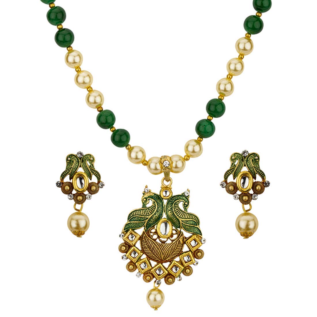 Yellow Chimes Exclusive Traditional Peacock Desaign Pearl Kundan Necklace With Drop Earrings For Women