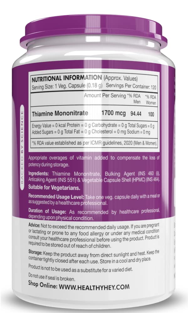 HealthyHey Nutrition Vitamin B1 Thiamine -120 Veg Capsules