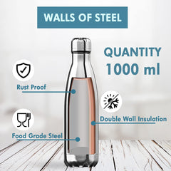 USHA SHRIRAM Pure Copper Bottle (1Pcs-950ml) & Insulated Stainless Steel Bottle (2Pcs-1L Each) | Hot & Cold Water Bottle for Kids & Adults | Lightweight, Leak-Proof & Rust-Free | Steel Tambe Ki Botal